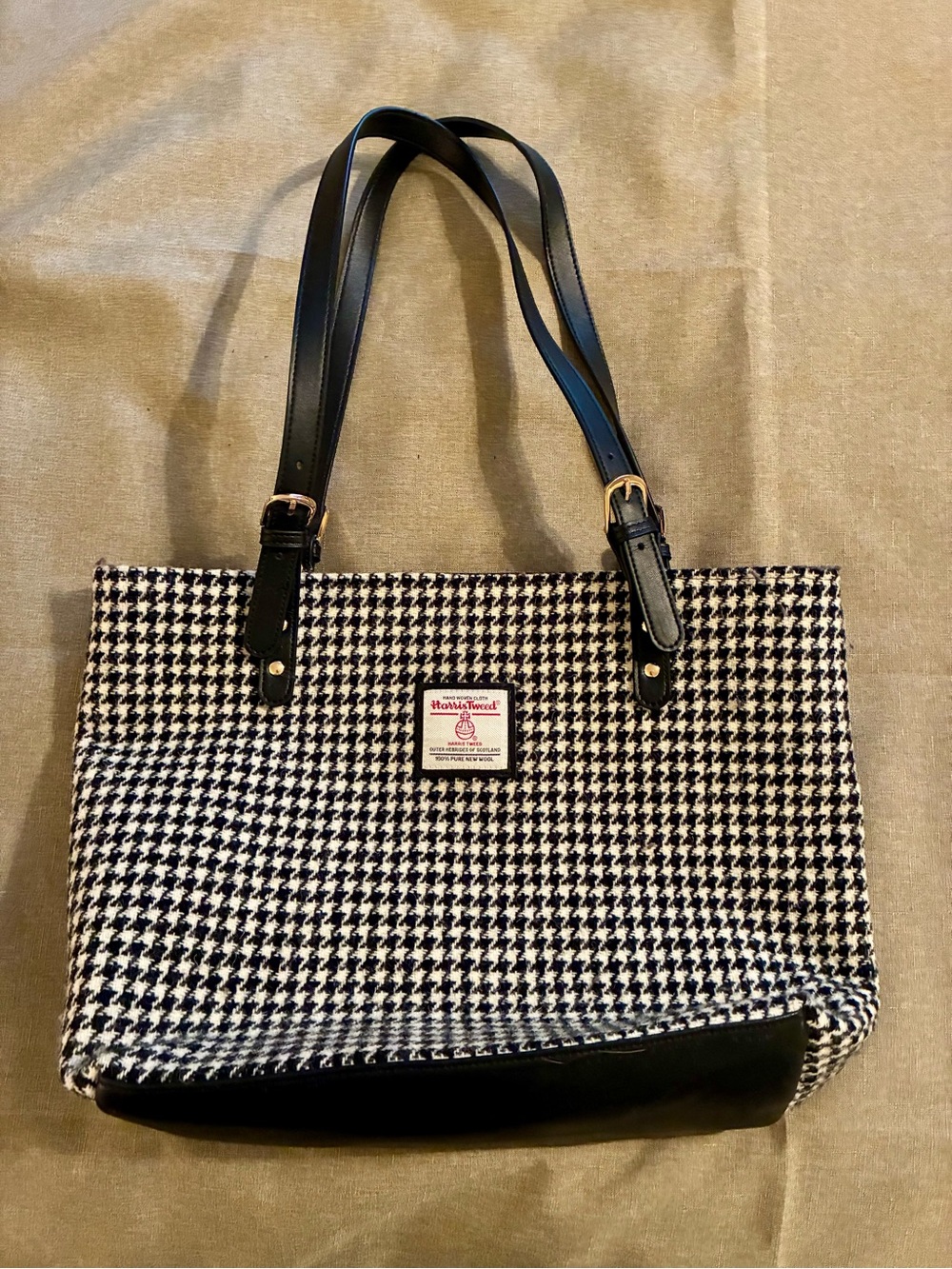 Harris Tweed 100% Pure New Wool Large Houndstooth Tote Bag - Black & White EUC